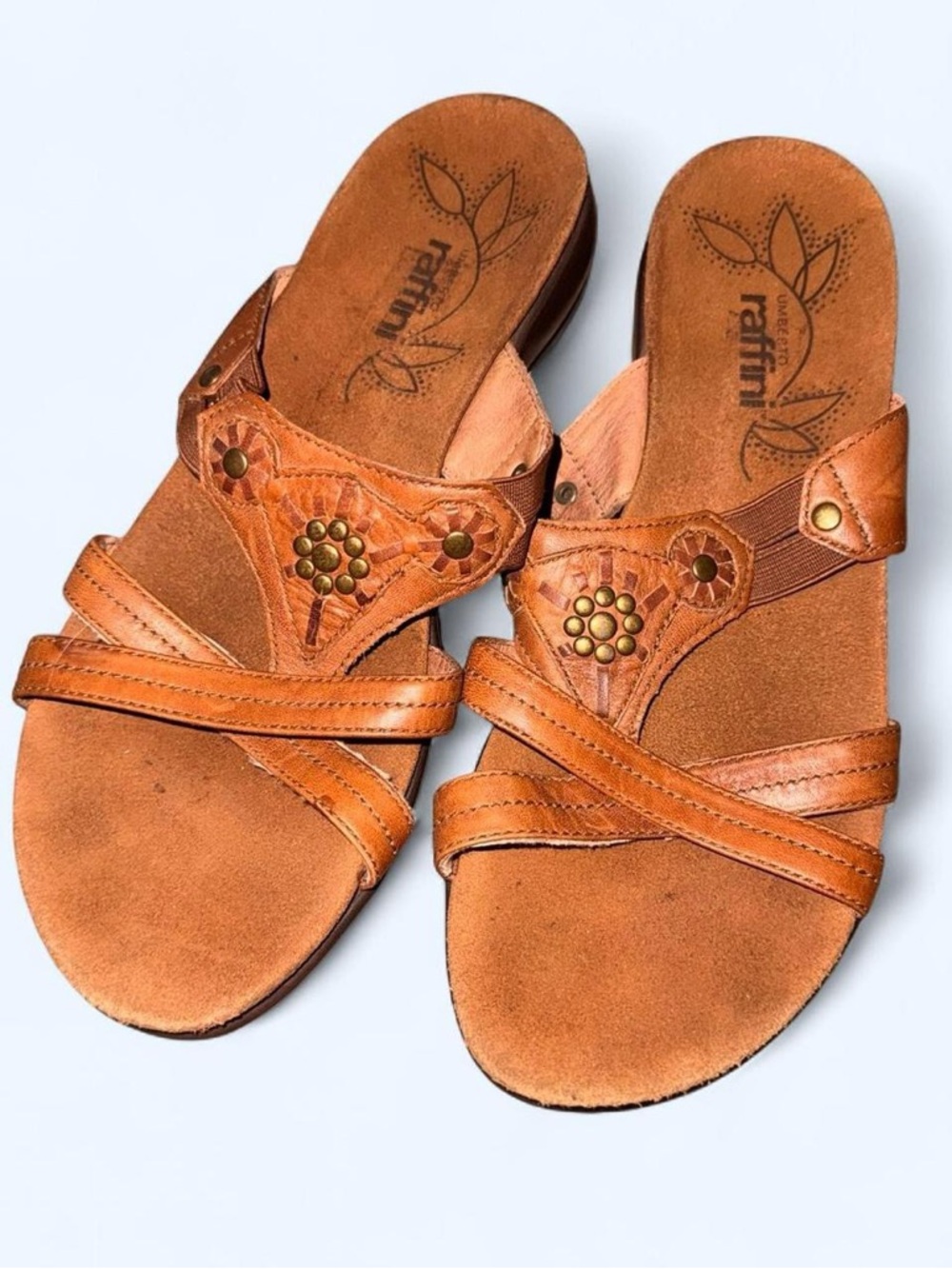 Raffi Cognac Leather Cross-Strap Slide Sandals